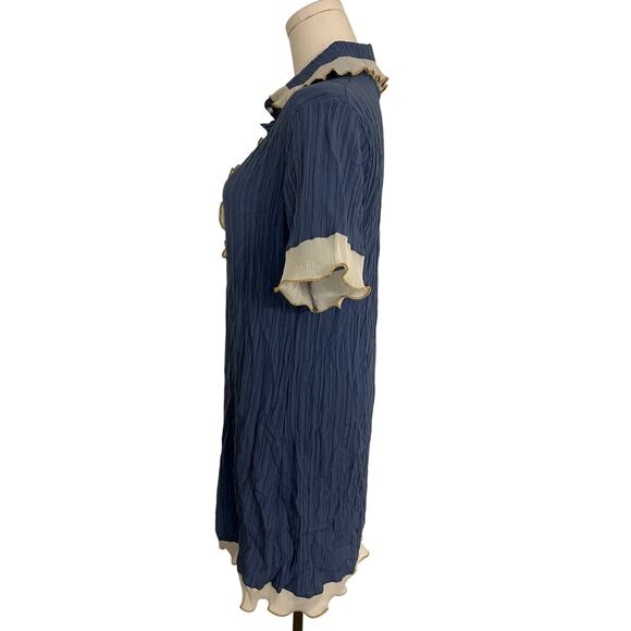 Blue Pleated Dress Collared Ruffle Gold Pearl Buttons Size XL Coquette - Picture 4 of 10